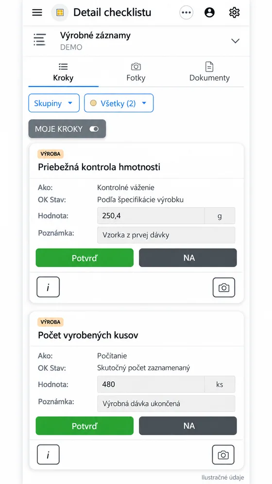 Kontrola hodnôt výrobného záznamu pri zápise v mobilnej aplikácii